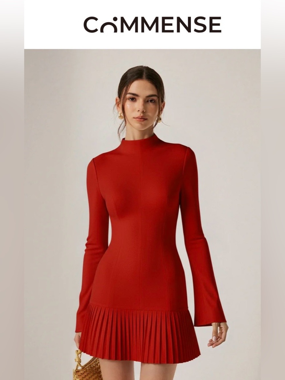 COMMENSE Red Long-Sleeve Mock-Neck Pleated-Hem Mini Dress